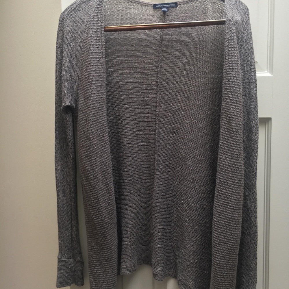 AEO GREY/BROWN MID-LENGTH KNIT CARDIGAN